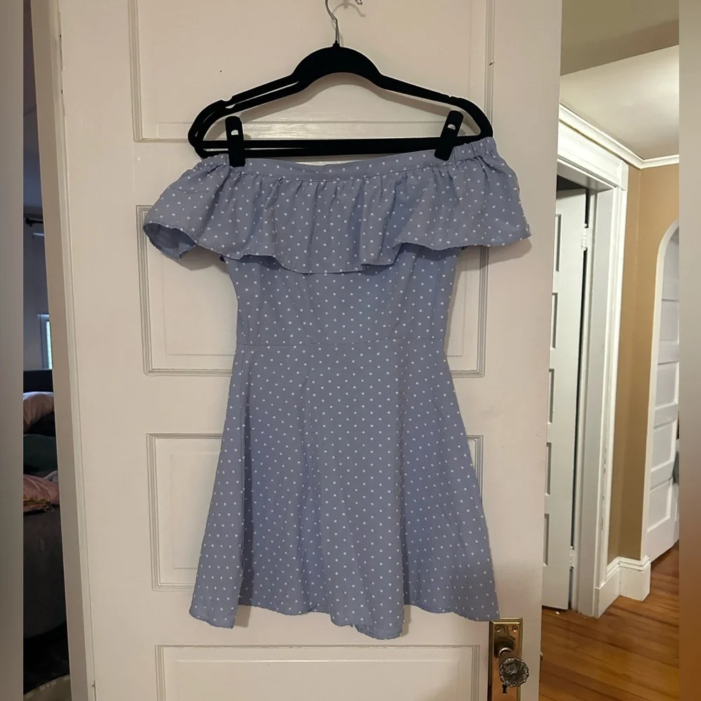 Blue Off the Shoulder Button Down Dress - Picture 3 of 11